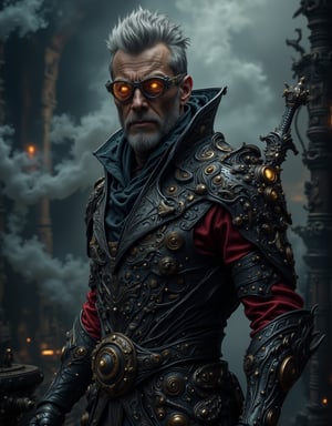 A mysterious, bespectacled alchemist stands amidst a swirling vortex of steam and smoke, eyes aglow with an otherworldly intensity. His long coat power armour is adorned with brass buttons and intricate copper filigree, as he grasps a demonic-looking sword with a dark, eye gemstone-encrusted hilt. The air is thick with the scent of sulfur and oil, as gears and clockwork mechanisms whir to life in the background.