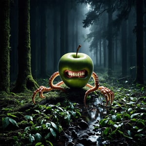 In a dimly lit, fog-shrouded forest, an eerie atmosphere prevails as a hyperrealistic photography captures the haunting visage of an anthropomorphic apple-like creature. Its twisted, branch-like legs writhe like grasping tentacles, while claw-like protrusions sprout from its core like skeletal fingers. Shiny, beady eyes gleam with malevolent intent, and sharp, pointed teeth seem primed to strike. The forest floor, carpeted in fallen leaves and moss, stretches out like a dark, organic canvas, grounding the surreal scene. A low-angle shot puts the viewer at the creature's mercy, inviting an unsettling sense of vulnerability as it looms large within the misty clearing.