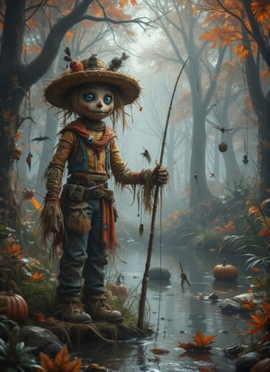 A scarecrow with a straw hat and a fishing rod stands on the bank of a serene pond, casting a line into the still waters. The scarecrow's face is calm and focused, its body still and steady as it waits for a bite. Behind it, a peaceful woodland scene unfolds, with tall trees and dappled sunlight filtering through the leaves. The scarecrow's hat is adorned with a collection of fishing lures and flies, symbols of its love for the quiet and contemplative sport of fishing. DarkHalloween,justart01,cartoon art,Midjourney_Whisper