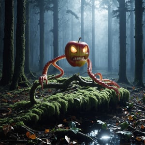 In a dimly lit, fog-shrouded forest, an eerie atmosphere prevails as a hyperrealistic photography captures the haunting visage of an anthropomorphic apple-like creature. Its twisted, branch-like legs writhe like grasping tentacles, while claw-like protrusions sprout from its core like skeletal fingers. Shiny, beady eyes gleam with malevolent intent, and sharp, pointed teeth seem primed to strike. The forest floor, carpeted in fallen leaves and moss, stretches out like a dark, organic canvas, grounding the surreal scene. A low-angle shot puts the viewer at the creature's mercy, inviting an unsettling sense of vulnerability as it looms large within the misty clearing.