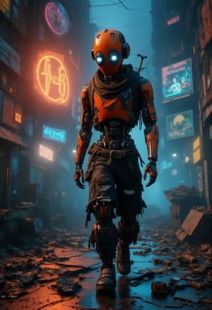 a sad orange and black cyborg robot wearing torn clothes, walking in a broken and abandoned futuristic neon machine city with an otherworldly and sad demeanor, set in a dystopian world, with a 4K resolution. Includes a broken clock tower and a broken holographic billboard with faded advertisements in the background. The art styles are inspired by Simon Stalenhag, Frank Frazetta, Beeple, Greg Rutkowski, Yoko Taro, Christian Macnevin, Wlop, and Krenz Cushart. The scene includes epic fantasy character art, volumetric outdoor lighting, a rainy night atmosphere, high fantasy elements, and is reminiscent of CGSociety's highly detailed realistic artworks. The image looks like it was rendered in Unreal Engine, with a cinematic feel and dramatic lighting, perfectly intricate, similar to a Blender render, with reflections of the rain on the robot's metallic surface, and puddles on the ground reflecting neon signs. ElectDreDysto,