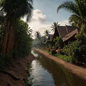 A super ultra clear HD HDR hyper-realistic and hyper-detailed photography, low angle shot of a detailed thailand tradisional wooden village houses, plants and bush, coconut trees, dirt road, tiki bamboo fance with miniature flowers, river. cinematic, hyper-realistic, enhanced reflections,  fading light, megapixel cinematic lighting, anti-aliasing, vignette, film grain, SFX, VFX, CGI, RTX, SSAO, FKAA, TXAA, HD HDR, depth of detail, rendered with octane render for realistic lighting and shadow, no blurry, with 12 billion parameters for clarity, texture, and detail.  hyperrealistic,
