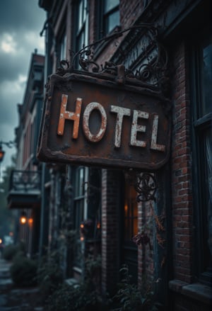 A close-up shot of the front entrance of a decaying, haunted hotel. The camera focuses on the rusted, creaking hotel sign swaying ominously in the wind. The cracked windows reflect the dark storm clouds gathering above, and faint flickers of lightning illuminate the grim facade. Shadows seem to shift behind the curtains, creating an unsettling tension as the wind howls through the empty street.FluxBoost,Midjourney_Whisper