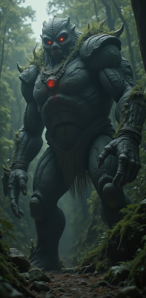 A Forest of Stone Giants, Motionless Yet Alive: Enormous (stone giants stand frozen in a dense forest), moss and vines creeping over their (cracked forms). red gems stone on chest. Their eyes glow faintly as if waiting for the right moment to awaken.