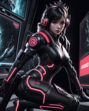 photohyperrealistic, half_body, side low angle shot, looking at viewer, a beautiful girl, black hair, wearing tiara headphone with ''Q'' sign, red and black futuristic obsidian ninja queen suit, obsidian boots, in style of alberto seveso art, neon, dinamic pose, (((gaming screen at background))), highly detailed, hyper realistic, with dramatic polarizing filter, vivid colors, sharp focus, 64K, remarkable color,1 girl, detailed eyes,  