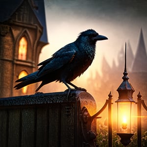 mysterious raven perched on the gate of a gothic castle, illuminated by the warm glow of a flickering lantern in the dead of night, fog lingering in the background, creating an eerie and captivating scene. masterpiece, best quality, high detailed, Extremely Realistic, dramatic, sharp focus, studio lighting, High resolution, remarkable color,