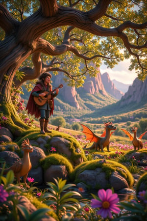 A wandering minstrel stands atop a moss-covered boulder, lute held delicately in hand as he sings tales of mythic deeds to a gathering of enthralled giantesses beneath the ancient trees. Soft, golden light filters through the leafy canopy, casting dappled shadows on the rustic landscape. The minstrel's voice soars, his fingers dancing across the strings as dragons lazily laze in the surrounding meadows, their scales glinting like jewels in the warm glow.