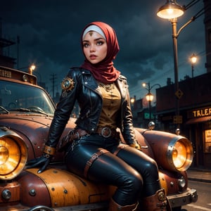 A hijab woman seated on a rusty metal steampunk car, on steampunk city road. She is clad in steampunk-style attire, including a leather jacket adorned with metal embellishments, steampunk gear accesories, gloves, leather pants, and boots, The background is landscape of a steampunk city, ultra focused, detailed face, cinematic lighting, dynamic pose, medium contrast, depth of field, natural glows ,hijabsteampunk