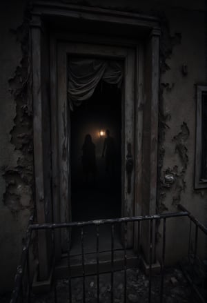 A cinematic of a rotting hotel balcony, with splintered wood and peeling paint. The camera zooms in on the open door leading into a dark, decayed room, with curtains fluttering in the wind. The shadows of unseen figures seem to dance inside, barely visible beyond the dim light coming from a flickering streetlamp below. The dynamic angle emphasizes the feeling of something lurking just beyond the doorway.FluxBoost,Midjourney_Whisper,FluxBoost,Midjourney_Whisper