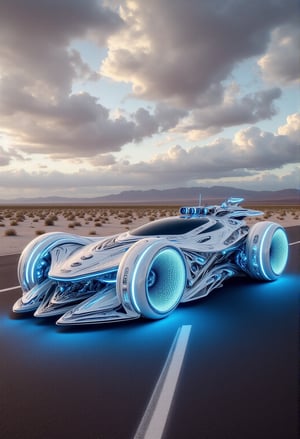 Captured at eye-level on a vibrant day, a sleek, futuristic looking vehicle is parked on a paved road. The vehicle is adorned with blue lights, adding a pop of color to the otherwise monochromatic scene. The car is positioned in a way that creates a striking contrast to the dark road. In the background, a desert landscape can be seen, with a mountain range in the distance. The sky is a mix of gray and white clouds, adding depth to the scene.,Hightech Car