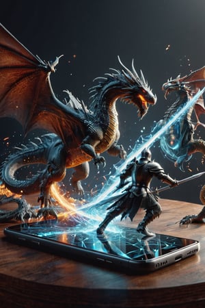 (((3D digital hologram))), a smatphone placed flat on a table,  a warrior with a spear is battling a dragon, out on top of smartphone screen,(emerging from a smartphone:1.5), .,3D Mesh,knight&dragon