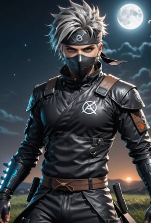 anime, detective style, a mysterious man, ultimate ninja, silver hair|spiky short hair, brown eyes, (((headband with "A" symbol))), (((black and brown futuristic obsidian tactical ninja suit))), futuristic obsidian tactical mask, futuristic obsidian ninja boots, standing like hero on top of grass hill, at dark night, dynamic pose, ground angle shot, ultra detailed, ultra quality,beauty eyes,with dramatic,with moonlight ,ABMavatar,cyberpunk style