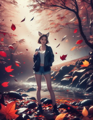half_body, Masterpiece, 8K resolution, hyper-realistic, raw photo aesthetic. vintage style, A young woman with a fox ears and soft smile, short, wavy dark brown hair, and detailed brown eyes with small earrings. Her features are flawlessly beautiful, with subtle, jacket and blue shorts enhancements. (((She stands beside river))) in forest at dark night, colorful (autumn leaves:1.2) falling around her, dinamic_pose, ABMautumnleaf,neon background