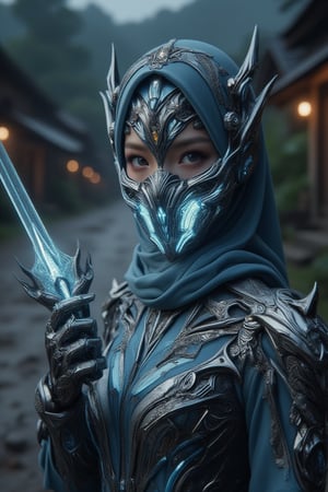 photoultrarealistic, close-up view, looking at viewer, a cybernatic cyborg girl wear intricate shiny white and lite blue cybernatic high tech mouth mask, wearing a cybernatic baju kebaya with armored design, holding a transparent see through glass sword, dynamic pose, standing in the dark night, village road at background, intricate details, ultra-realism details, 32k, Super High definition, Vibrant Colors, Ultra Smooth, ultra-realism, cinematic shot, dreamwave, aesthetic,Cyborg Hijab,FluxBoost,Angelic Knight