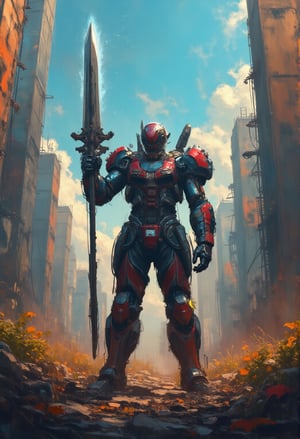 A hero stands victorious amidst the ruins of a once-thriving metropolis, clad in a mecha armor suit that shines like polished chrome. Inspired by Makoto Kobayashi's sleek designs, the suit's high-tech components glint with a metallic sheen. The hero holds aloft a colossal great sword, its energized blade cracking with power. Framed against the backdrop of collapsed skyscrapers, the scene is one of triumph and resilience in the face of devastation.cartoonish 3D painting,justart01