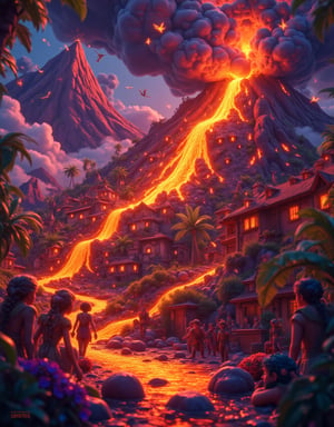 A vibrant Cartoon art style ilustration of a small village at the base of a massive volcano erupts, sending lava and ash into the sky. The villagers scramble to escape as the ground shakes violently. The camera zooms in on the molten rock as it flows down the mountainside, setting everything in its path ablaze. In the background, the full scale of the eruption unfolds, with ash clouds darkening the sky.