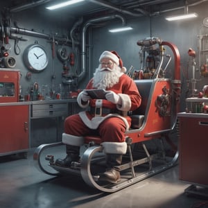 (masterpiece, best quality, high_res, realistic, epic), Santa Claus is an inventor, (((dressed in a mechanic suit))), in a lab he designing a high-tech (((santa sled))), christmas decoration, action_pose, 