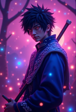 In this breathtaking photograph, a majestic young man with striking red eyes and spiky black hair stands confidently amidst a whimsical atmosphere. He dons glowing blue and purple armor, its delicate plates glistening in the twilight. neon Cherry blossoms gently float down from above, blending seamlessly with the foggy backdrop. His face, illuminated by studio lighting, turns towards the viewer, radiating an air of mystery. Holding his sword with electrical arcing, he exudes elegance and power. The overall effect is a photorealistic masterpiece that transports us to a fantastical realm.Anime 3D CGI-ABM,FluxBoost