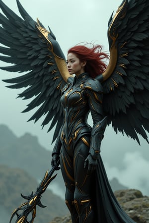 full_body, a young beautiful girl wear a VALKYRIE archangel armored suit, standing cofidently on top of mountain cliff, her (((large, intricately high-tech mecha feathered metal wings))) spread wide as if shielding the viewer from the turbulent weather. The archangel's armor glints with an oil-painted sheen, its intricate details and folds expertly rendered in shades of metallic black carbon fibre and gold steel. (((holding a huge black and gold intricate magic wand))). Her piercing gaze, dark red hair, seems to defy the raging storm, as if calling forth a mighty reckoning.hyperrealism, realistic portrait, photography, true color, subtle lighting, cinematography, Canon EOS R5, RF 85mm, ISO 300, vibrant color, more real realistic, volumetric clear intricate hyper details, volumetric clear texture, clear HD background, ultra HD realistic resolution, realistic shadow, epic fantasy character art, movie still, dramatic shadow, analogue diffusion style, CGSociety, Unreal Engine, Blender rendering, game cinematic, no smoke, mist, or fog, remove blur and noise, Angelic Knight