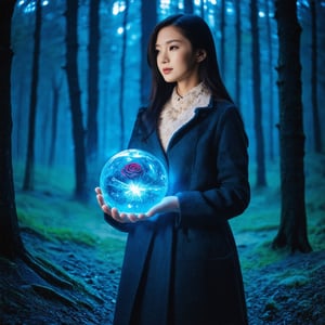 masterpiece, best quality, high detailed, Extremely Realistic, beautiful malay girl wearing a coat standing looking at the (((Raw shiny glowing blue crystal with red rose inside orb in hand))) mist and crystal scatter around in magical forest at dark night, high_res mist, foreground mist, cinematic, moviemaker style, masterpiece, dramatic, best quality, Detailed and ultra realistic, sharp focus, studio lighting, High resolution, High detail, remarkable color,
