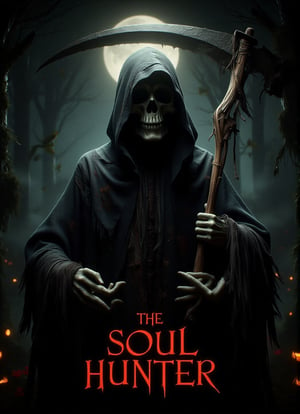 Score_9, score_8_up, score_7_up, write spooky title text "THE SOUL HUNTER". featuring hooded grim reaper, halloween theme. GrmreaperABM,DarkHalloween