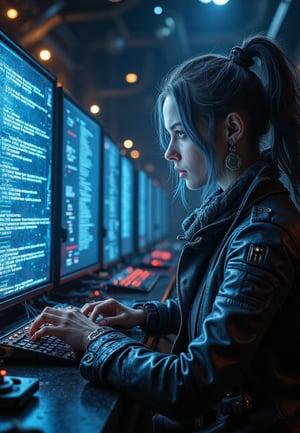 Close-up shot of a lone figure, 'Zara', dressed in ripped leather jacket with neon stripes, jeans with metallic accents, and glowing blue tattoos, amidst a maze of holographic screens displaying code streams like aurora borealis. Flickering fluorescent tubes cast an eerie glow on her determined face as she rapidly taps away on a sleek black keyboard, eyes fixed on the screen as she navigates through corporate firewalls.