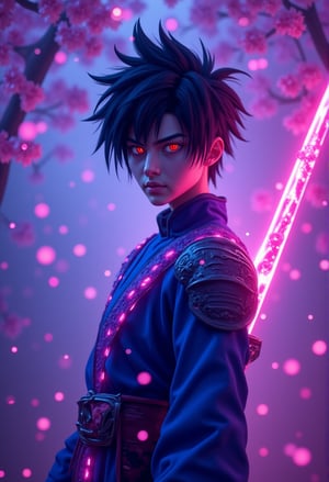 A majestic young man with striking red eyes and spiky black hair stands confidently, illuminated by studio lighting, amidst a whimsical atmosphere. He dons glowing blue and purple armor, its delicate plates glistening in the twilight. Neon Cherry blossoms gently float down from above, blending seamlessly with the foggy backdrop. His face turns towards the viewer, radiating an air of mystery. Holding his sword with electrical arcing, he exudes elegance and power, set against a photorealistic background that transports us to a fantastical realm.Anime 3D CGI-ABM