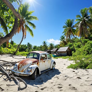 In a breathtakingly detailed image, a rusty and broken white Volkswagen Beetle sits majestically on the sandy beach beside a traditional South East Asian wooden house. The camera frames the composition with the curved lines of the Beetle contrasting the angular silhouette of the house. A park boat drifts serenely in the distance, while coconut trees sway above, their leaves rustling gently in the breeze. A tall Rhû tree stands proud, its branches tangled in a net. As the sun shines brightly from a clear blue sky, casting a warm glow, the camera captures both an ultra-detailed close-up shot of the Beetle and a wide-angle view of the peaceful fishing village scene, with hyper-realistic textures and subtle color nuances that seem almost palpable.