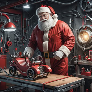 (masterpiece, best quality, high_res, realistic, epic), Santa Claus is an inventor, (((dressed in a mechanic suit))), in a lab he designing a high-tech (((santa sled))), christmas decoration, action_pose, 