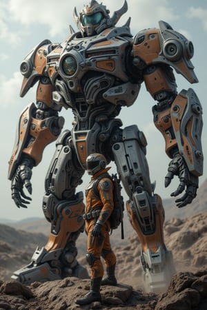 A futuristic pilot standing heroically in front of their big colossal war machine robot.