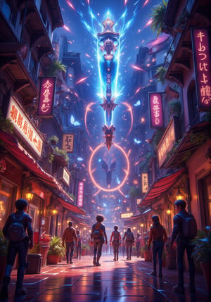 3d vibrant cartoon art Illustrate A dystopian marketplace in the rain, bustling with people in futuristic attire, vivid holographic advertisements flashing above, and neon reflections on the wet pavement.