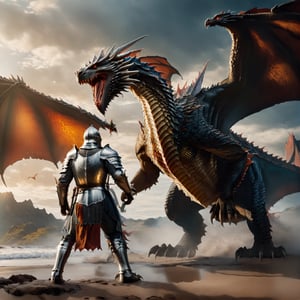 (((full_body shot))), Photo of a knight and big dragon have pair of wings, fighting, Hyper-detailled, 32k, Super High definition, Vibrant Colors, Soft focus, Ultra Smooth,Soft natural look, Full shot, photorealistic, realism, film still, cinematic shot, dreamwave, aesthetic, action_pose,Movie Still,photo r3al,knight&dragon
