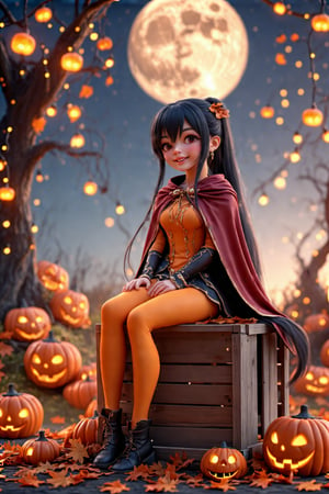 A whimsical 3D animated pumpkin girl sits atop a worn wooden crate amidst autumnal leaves, surrounded by glowing jack-o-lanterns and twinkling string lights. Her bright orange skin glistens with dew as she gazes up at the moonlit sky, her long black hair flowing like vines down her back. A crimson cloak drapes over her shoulders, adorned with intricate gold trim and delicate pumpkin-shaped charms.3D Cartoon Anime
