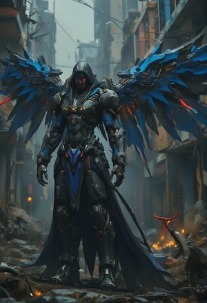 Frame Kuro in a cinematic shot against the backdrop of the broken dark city. Kuro stands tall at approximately 12 feet with sleek, blue and white armor that appears almost liquid in the dim light. The armor is adorned with intricate, gear-liked details that seem to shift and move as Kuro moves. A flowing, black hoodie covers its head, with a subtle, neon-lit trim that hints at the mecha's advanced technology. Capture Kuro's massive, acrobatic wing at its back, made of lightweight yet incredibly strong material, allowing it to perform daring aerial stunts and maneuvers. The wing's surface is covered in a subtle, matte finish that helps reduce wind resistance. Focus on Kuro's deadly, red- colored scythe with neon-lit blade as it slices through the air, accompanied by an otherworldly soundtrack that adds to the sense of unease and anticipation. Highlight the gear-like mechanisms that allow Kuro to move with incredible agility and precision, giving it a mechanical, almost robotic appearance.exmechapolyhan83,Angelic Knight,justart01