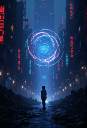 In a dystopian metropolis, a lone anime figure, Neon, navigates the Binary Metrix digital realm, surrounded by swirling vortex of code and holographic debris. Neon's slender frame is silhouetted against a backdrop of flickering LED lights, while neon-lit skyscrapers pierce the haze in the distance. The air is thick with the hum of machinery and binary chatter, as Neon's eyes glow bright blue, illuminating the path forward amidst a maze of digital chaos.