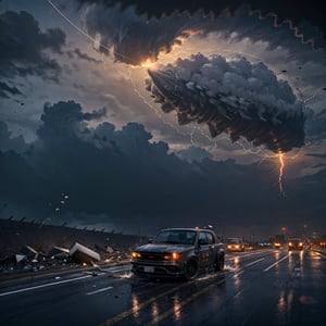 action scene, car chased by hurricane tornado, flying debris, flying small piece of wood scattered around, broken house, car on road, highway, hurricane, heavy rain, strong wind, masterpiece, realistic, highres, dark atmosphere, dark sky,