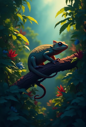 A close-up of a chameleon blending into a leafy branch in a dense jungle. cartoonish 3D painting