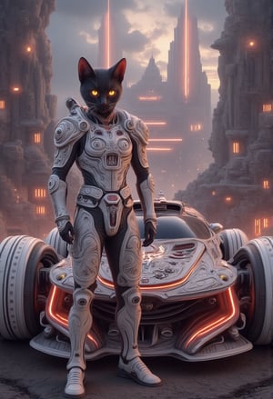 A sleek anthropomorphic male black cat stands heroic beside a high-tech armored car, adorned with intricate patterns and vibrant red neon accents, against the backdrop of an otherworldly cityscape. The cat's ears perk up as he proudly wears an elaborate white porcelain with vibrant red neon accents armor suit, juxtaposed against the dark bronze hues of the urban landscape. The futuristic car's glossy black body seems to absorb the dim light, while the surrounding cityscape glows with a soft, ethereal luminescence.Anime 3D CGI-ABM,Hightech Car