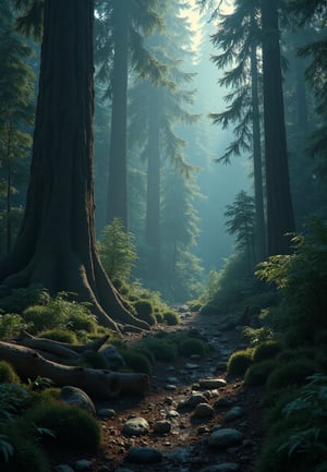 In a breathtaking ultra-realism close up image of dim lits deep inside jungle enviroment, tall trees, bushy, old rooten fallen log,. ultra-realism details,Imp'roveBG