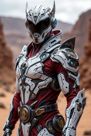 In a breathtaking 8x-UltraSharp upscaling ultra-realism portrait of wide full body image of a male character protagonist, wearing a detailed, apex techwear futuristic half white and red armor, semi-armored suit, apex high-tech mask helmet and a visor, and a sleek belt with a black and gold pegasus emblem, metallic textures, glowing blue highlights, standing heroic against a desert canyon background. intricate details, ultra-realism details, 32k, Super High definition, Vibrant Colors, Ultra Smooth, ultra-realism, cinematic shot, dreamwave, aesthetic,sentry armour