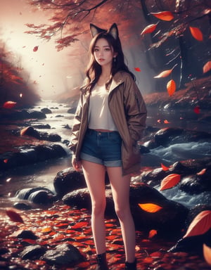 half_body, Masterpiece, 8K resolution, hyper-realistic, raw photo aesthetic. vintage style, A young woman with a fox ears and soft smile, short, wavy dark brown hair, and detailed brown eyes with small earrings. Her features are flawlessly beautiful, with subtle, jacket and blue shorts enhancements. (((She stands beside river))) in forest at dark night, colorful (autumn leaves:1.0) falling around her.,ABMautumnleaf,neon background