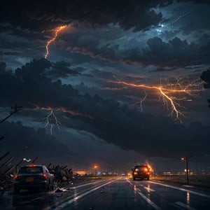 action scene, car chased by hurricane tornado, flying debris, flying small piece of wood scattered around, broken house, car on road, highway, hurricane, heavy rain, strong wind, masterpiece, realistic, highres, dark atmosphere, dark sky,