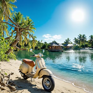 In a breathtakingly detailed image, a rusty and broken beige Vespa sits majestically on the sandy beach beside a traditional South East Asian wooden house. The camera frames the composition with the curved lines of the vespa contrasting the angular silhouette of the house. A park boat drifts serenely in the distance, while coconut trees sway above, their leaves rustling gently in the breeze. A tall Rhû tree stands proud, its branches tangled in a net. As the sun shines brightly from a clear blue sky, casting a warm glow, the camera captures both an ultra-detailed close-up shot of the vespa and a wide-angle view of the peaceful fishing village scene, with hyper-realistic textures and subtle color nuances that seem almost palpable.