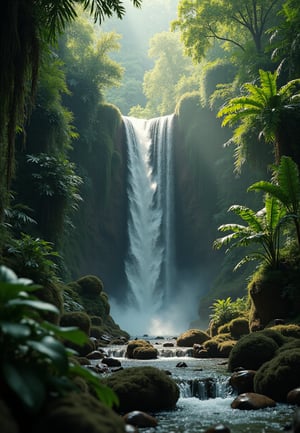 A serene waterfall cascades down moss-covered rocks within a dense jungle atmosphere. Dappled sunlight filters through the lush green canopy above, casting intricate patterns on the forest floor. A misty veil rises from the water's edge, surrounded by vibrant tropical foliage and exotic plants.