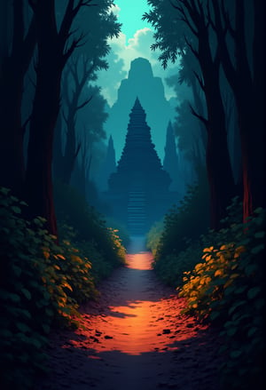 Close-up of a dark, muddy trail littered with fallen leaves, leading into a dense, shadowy tropical jungle with a hidden temple ruin. Enhance the fallen leaves. cartoonish 3D painting