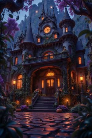 3d vibrant cartoon art Illustrate a haunted Victorian mansion on a misty night, with overgrown ivy covering the walls, flickering candles in the windows, and eerie shadows cast on the ground.