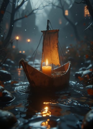 a close_up view of a candle burning on inside a paper ship. origami paper ship with burning candle flow away with gently river stream. DarkHalloween,justart01,Fantasy detailers,