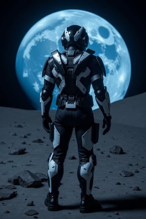 A cybernetic space armored hero stands defiantly on the lunar surface, illuminated by the soft glow of the distant Earth, its blue and white hues radiating like a beacon in the darkness. The hero's gaze is fixed on the majestic sight, their suit's metallic sheen reflecting the moon's gentle luminescence.