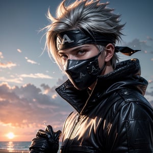 (masterpiece), 1man, spiky hair, white hair, wearing tight tactical ninja flak jacket, leather tactical ninja full mouth mask, leather gloves, and his (((tactical headband with a letter ("A") symbol))), scenery, (at beach background), sparkle, Kakashi Hatake