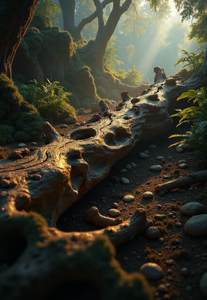 Amidst the dense underbrush of a primordial jungle, an ancient log, weathered to perfection, sprawls across the forest floor. The camera captures its intricate texture and rich color palette in stunning detail, as if the viewer can reach out and touch its gnarled surface. The dimly lit environment is bathed in warm, golden tones, with dappled shadows dancing across the scene, drawing the eye into the heart of the jungle.